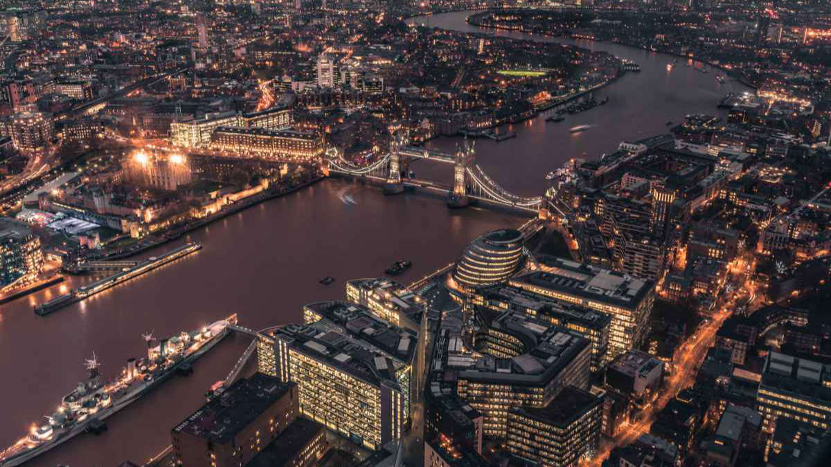 aerial view of London at night time
